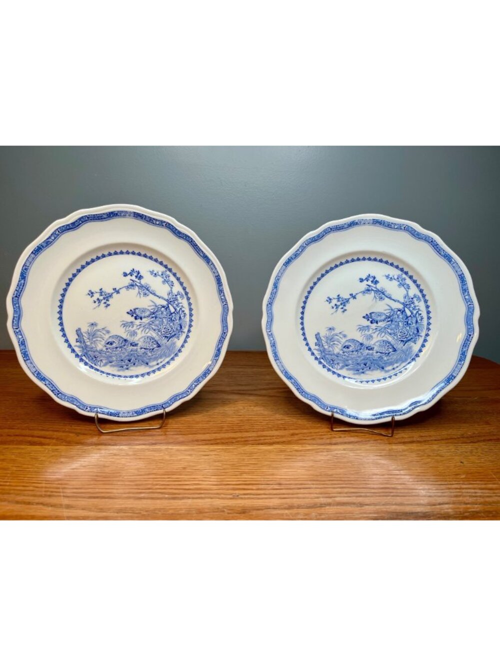 Set of 2 Antique FURNIVALS 1913 Blue Quail 10 1/4" Dinner Plates Round Backstamp - Picture 2 of 16